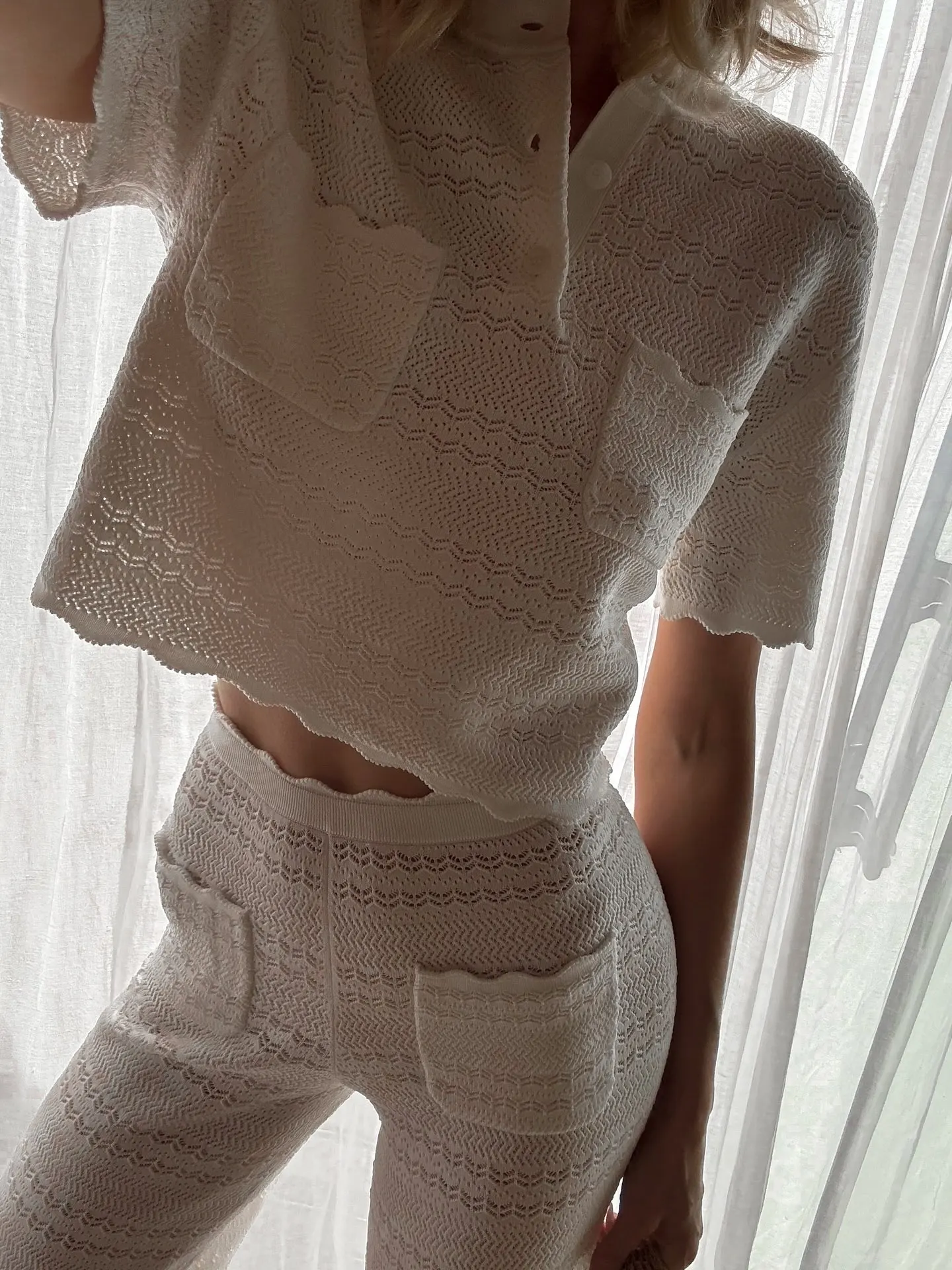 

Women Hollow Out Casual Knitted Set Round Neck Short Sleeve Sweater + Elastic Waist Straight Long Pants