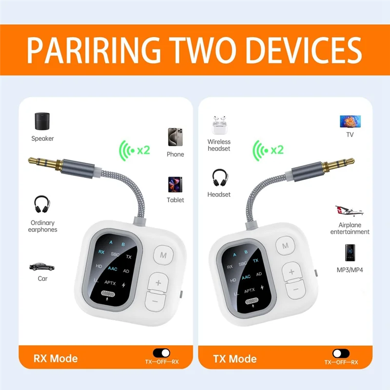 Bluetooth 5.3 Audio Adapter, 2 In 1 Wireless Audio Transmitter Receiver AUX RX/TX For Car Home Airplane Airline Travel