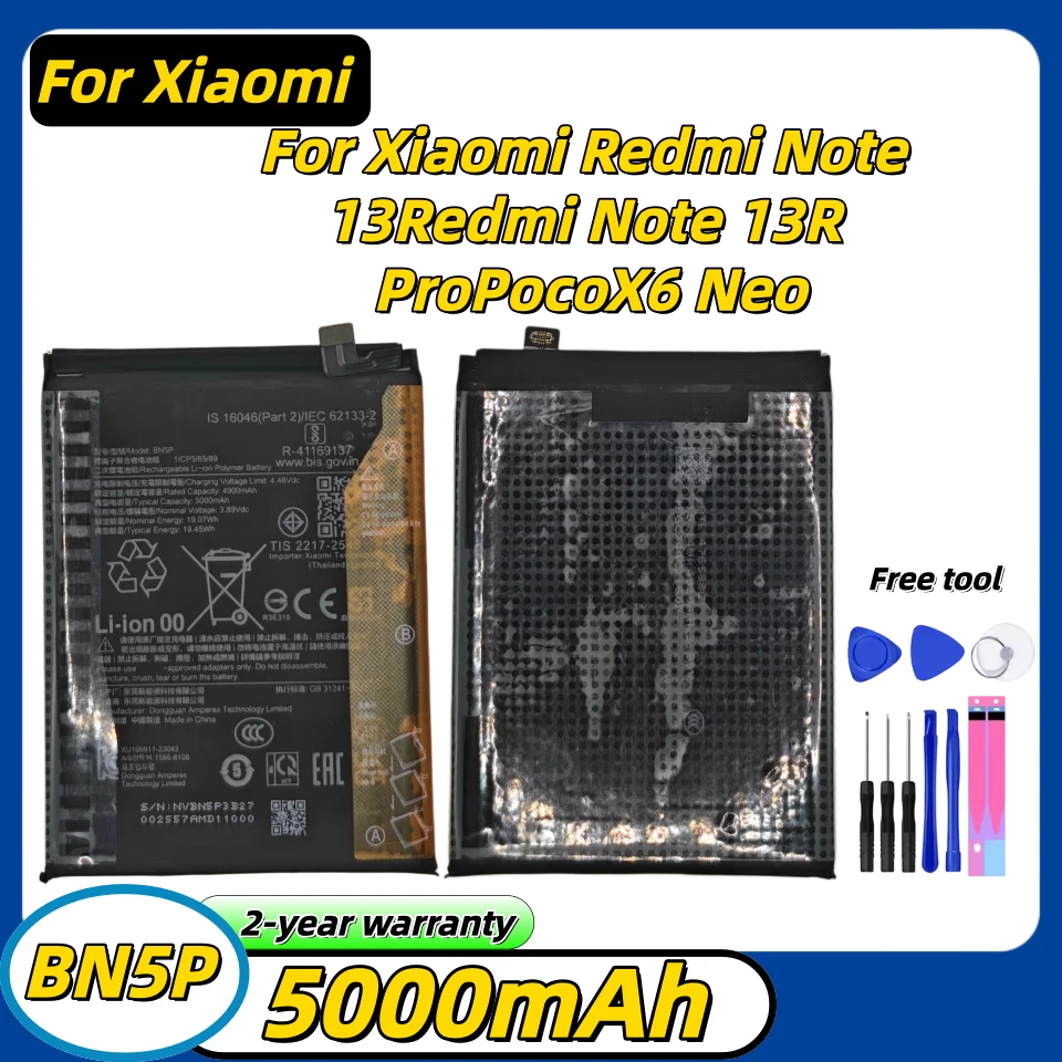 

2026 Years BN5P For Xiaomi Redmi Note 13 Note13 5000mAh Replacement Mobile Phone Battery+Free Tools
