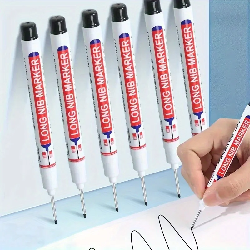 2Pcs Waterproof Long Head Markers Deep Hole Marker Pen for Metal Carpenter Red/Black Ink Woodworking Tools Marker