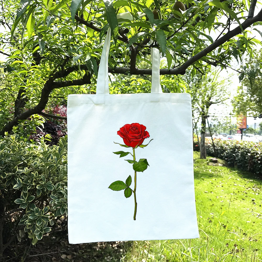 Romantic Rose Floral Printed Shoulder Bag for Women Large Capacity Tote Bag Lightweight Casual Canvas Shopping Bag Girls Handbag