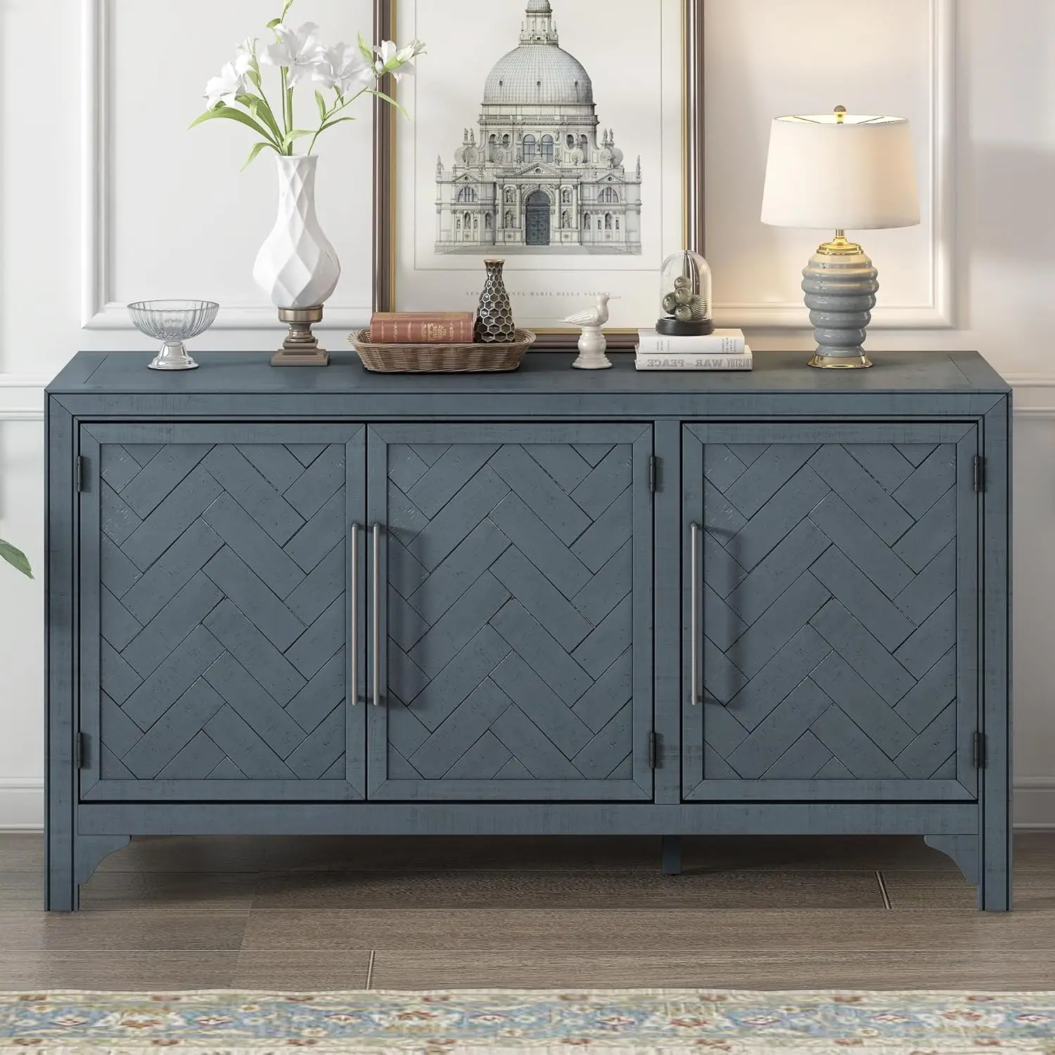 

Modern Vintage Sideboard Cabinet 60-Inch Credenza 3-Door Console Storage Cabinet Entryway Cabinet with Adjustable Shelve