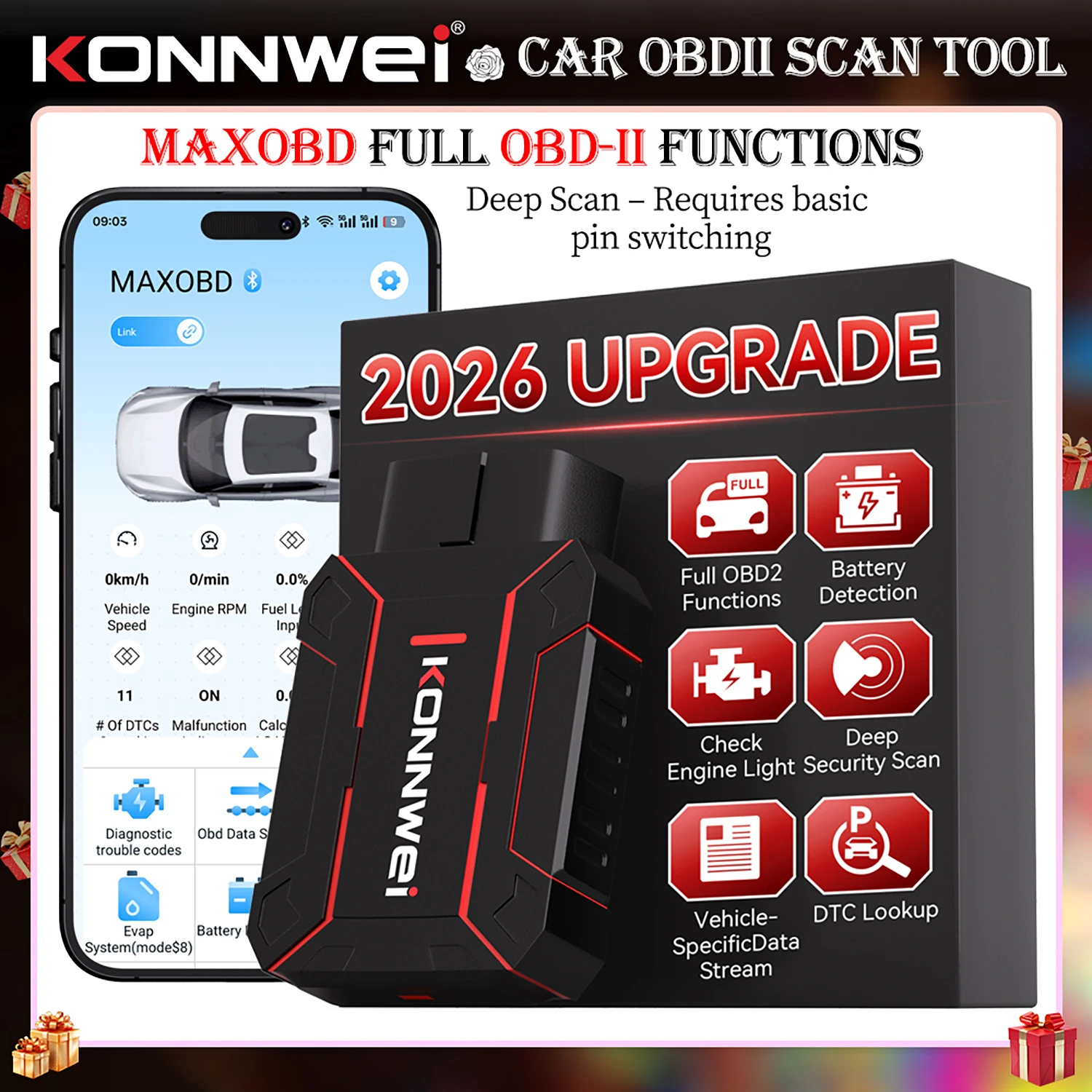 KONNWEI MAXOBD Bluetooth OBD2 Scanner Auto Engine Code Reader Car Diagnostic Detector Support Android iOS All OBDII Gas Vehicles