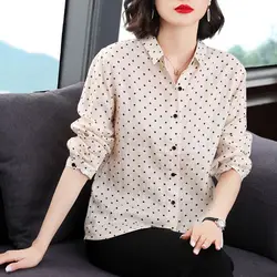 Female Clothing Polka Dot Printed Blouse Commute Long Sleeve Korean Single-breasted 2023 Spring Autumn Polo-Neck Straight Shirt