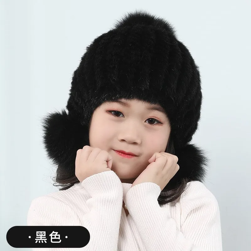 Luxury Genuine Mink Fur hat Winter Warm Baby Girls Knitting Caps Mink hats Vertical weaving hand made knit girl christmas gift