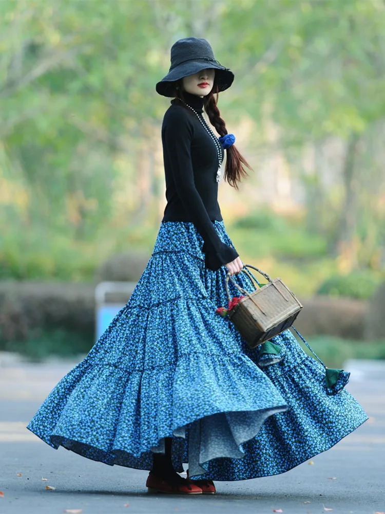 Women's Corduroy Print Big Hem Blue Skirts, Long Maxi A-line Elastic Waist, Autumn and Winter, S-2XL, New Fashion, 2025 New