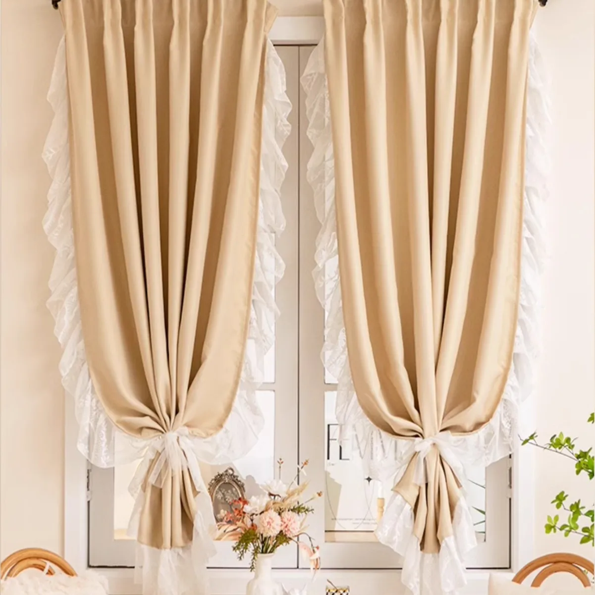 French Vintage Style Ruffled Lace Light Blocking Noise Reducing Curtain, Suitable for Kids Room Bedroom Living Room Study Floor