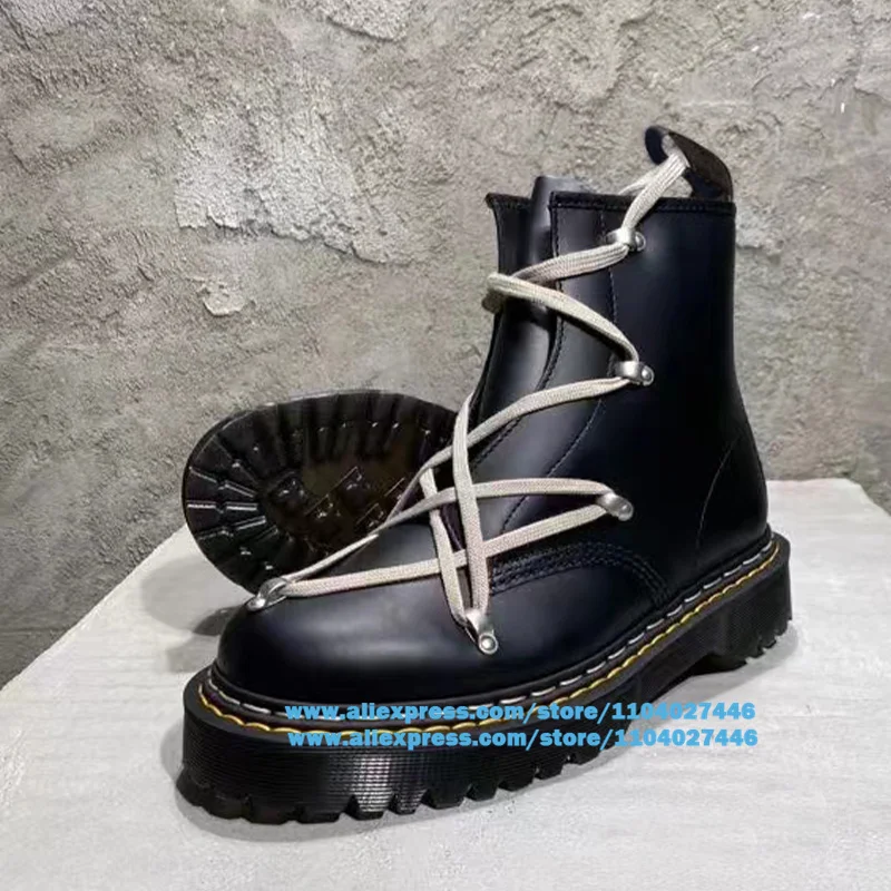 Botas masculinas de sola grossa com alça cruzada, botas com cadarço, sapatos plataforma de couro de cano alto, dedo do pé redondo, marca de luxo, tamanho grande, designer