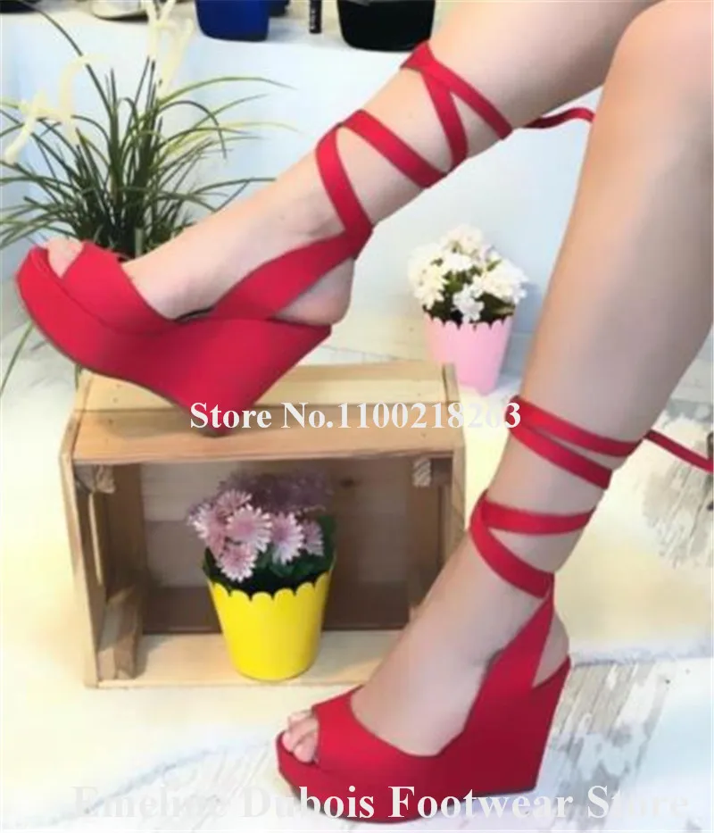 Black Red Suede Wedge Pumps Emeline Dubois Peep Toe High Platform Straps Cross Wedges Chamring Bands Lace-up Dress Heels