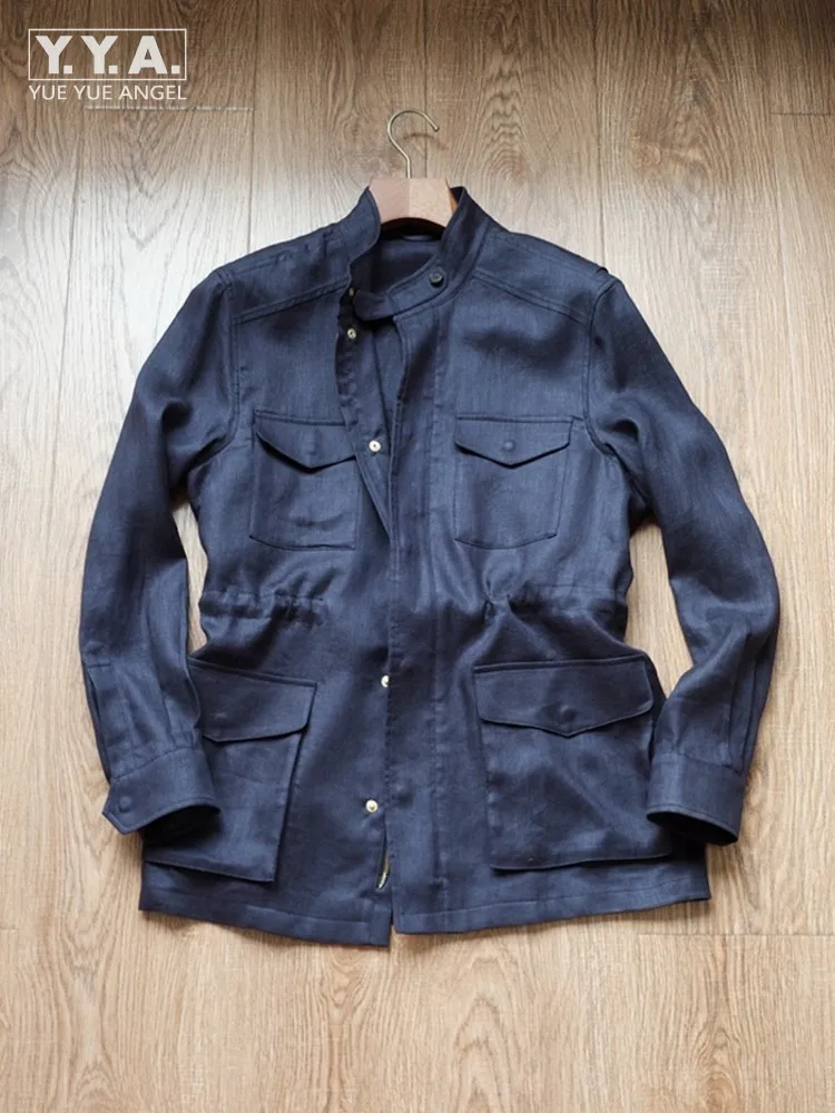 

Mens Autumn Retro Multi Pockets Linen Stand Buckle Zipper Casual Designer Business Casual Windbreaker Coats Solid Color Jackets