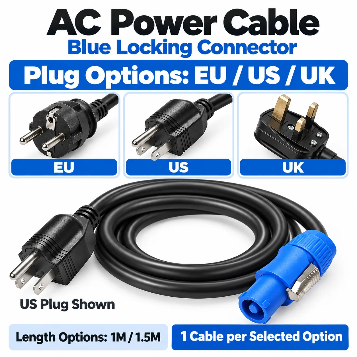 US/UK/EU Plug AC Power Extension Cable 3x1.5mm2 1M 1.5M to 3 Pin Locking Connector for Stage Lighting LED Beam Audio Equipment