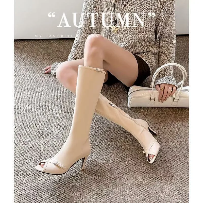 Women's Stretch Fabric Knee-High Boots Open Toe Stiletto Heel with Bow Detail for Parties Evening Events Night Out Street Style