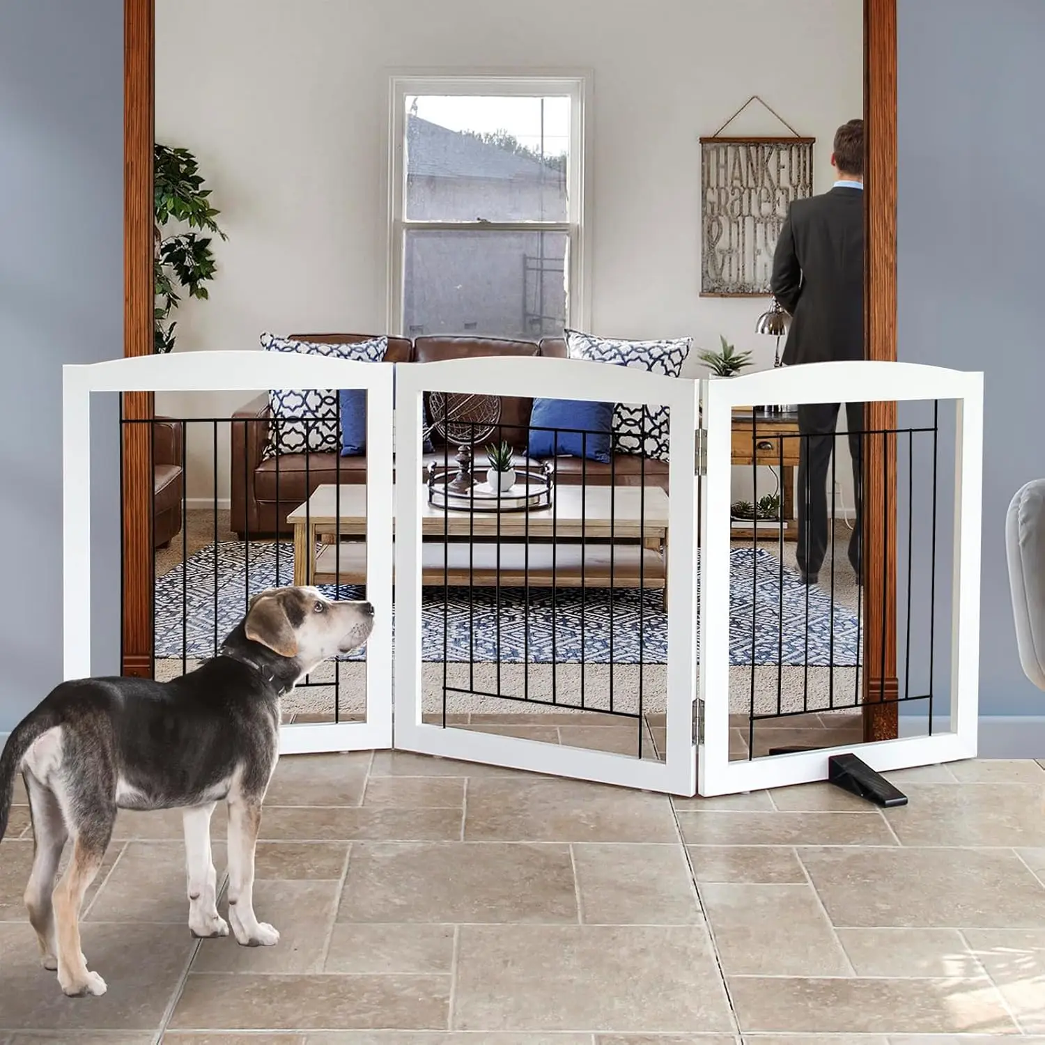 

Foldable Wooden Dog Gate for Doorways, Stairs & Hallways, 3-Panel Extra Wide Pet Fence with Support Feet, White 24" Height
