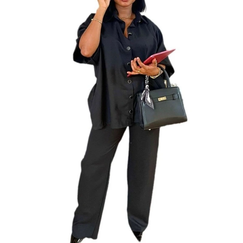 Moda primavera e verão novo terno camisa casual calças de perna larga temperamento de duas peças roupas femininas