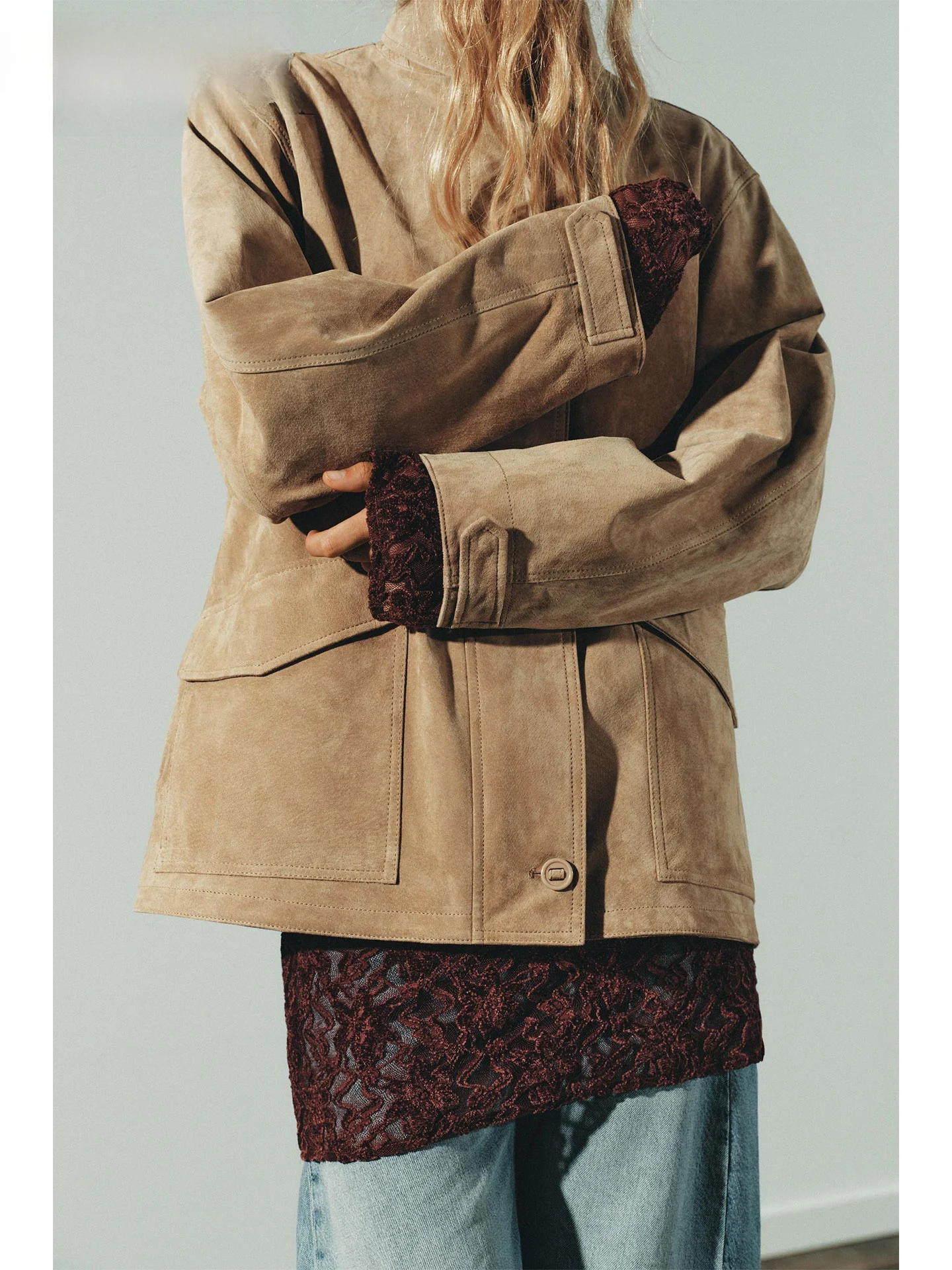 ZAPRHA Women's Leather Jaet 2025 Autumn New Sle American ular ket Decor Faux Velvet Texture Long Sve Casual Wind...