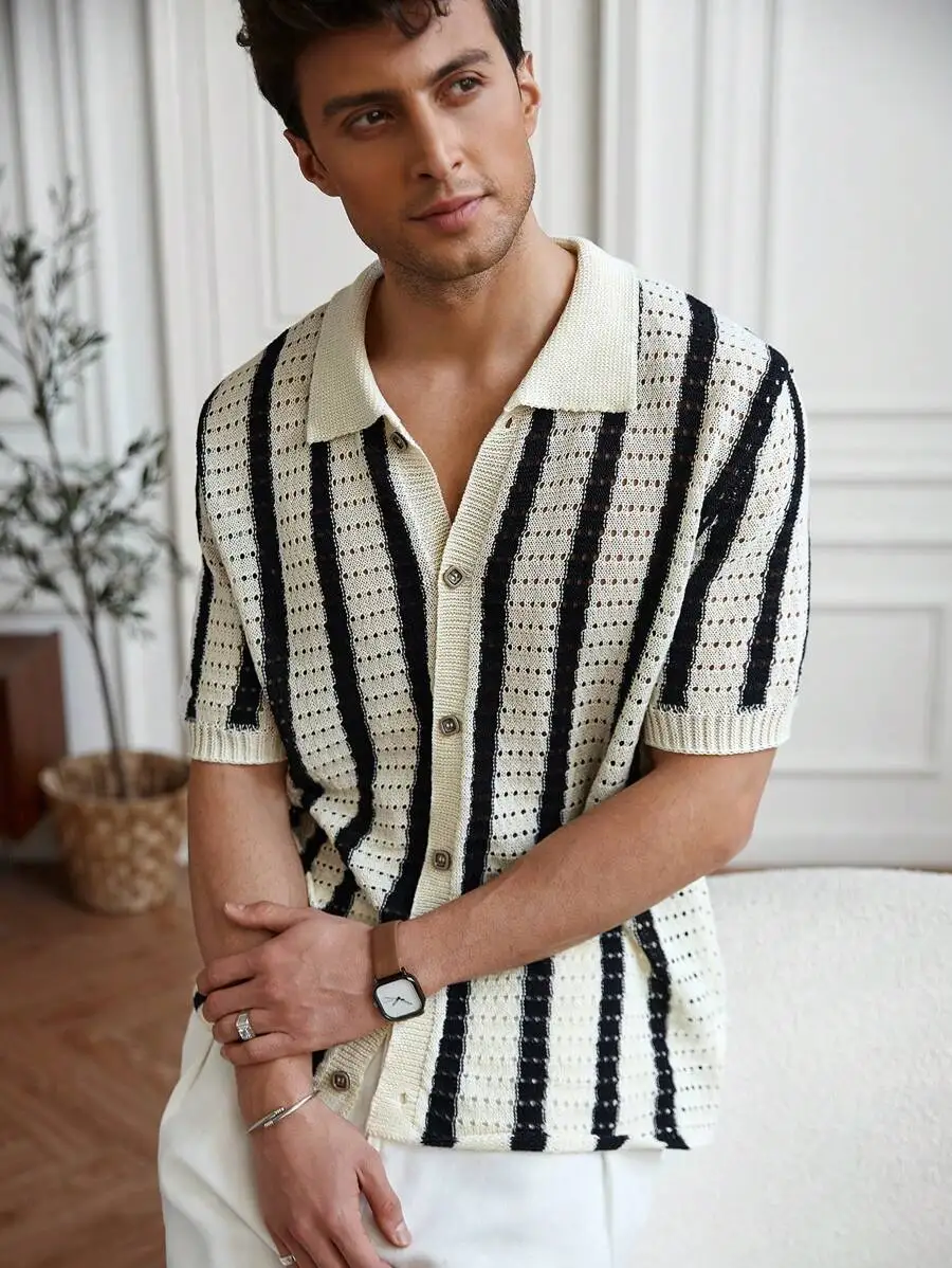 

Men's Striped Short Sleeve Knitted Polo Shirt with Hollow Out Detail