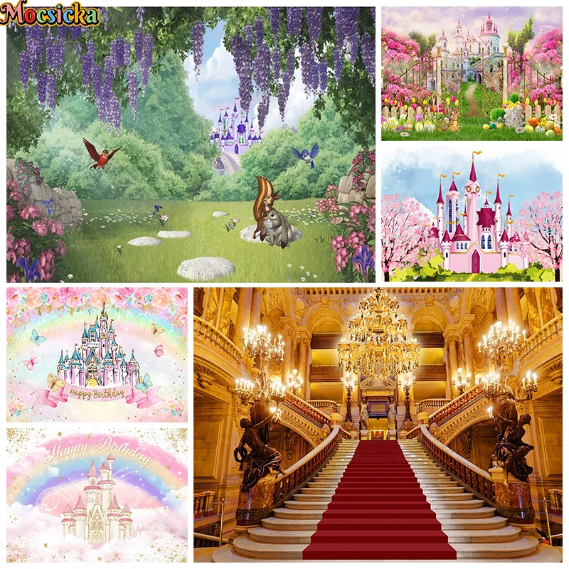 

Mocsicka Castle Backdrop Palace Rainbow Clouds Flower Decoration Baby Girl Princess Photo Birthday Studio Photography Background