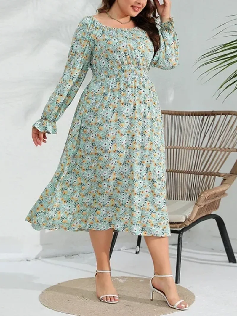 Spring New Elegant Fragmented Flower Dress with Lotus Leaf Sleeves Plus Size Fat Sister Long Dress