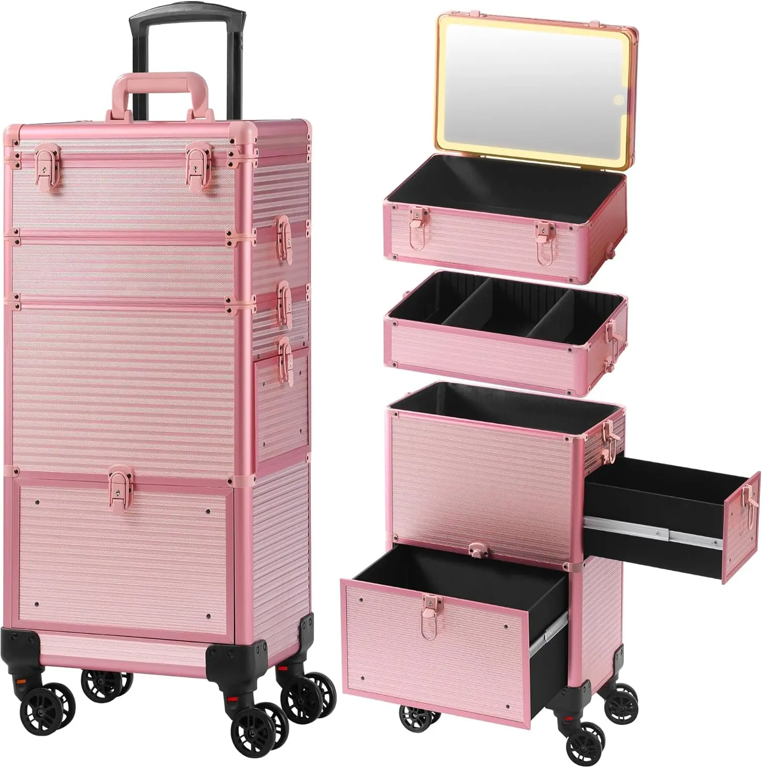 

Rolling Makeup Train Case with LED Mirror, Cosmetic Organizer on Wheels, Travel Beauty Case for Salon, Nail, Tattoo - Pink