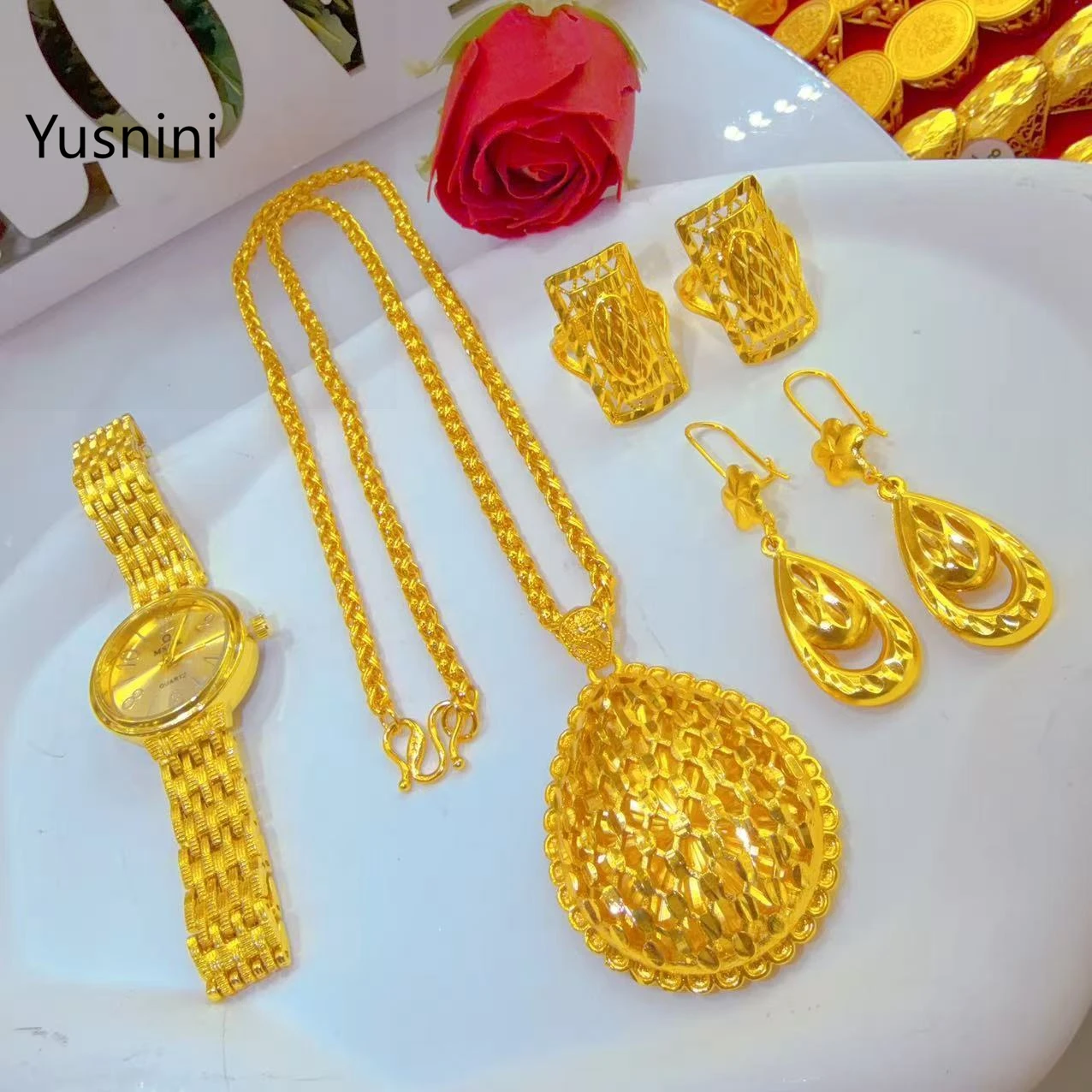 새로운 두바이 패션 고급 24K 금도금 목걸이 귀걸이  - Jewelry Watches Women 리뷰 및 가격