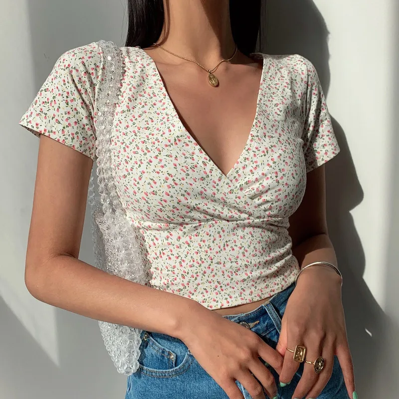 Camiseta Floral Vintage francesa para mujer, camiseta ajustada de manga corta, Tops sexys Y2K, jerséis informales coreanos Harajuku, moda de verano