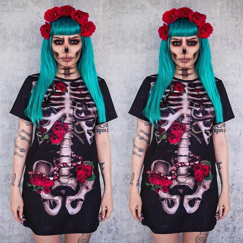 Halloween Women\'s Gothic Skull Bones Cosplay Party Costume Skeleton Printed Short Sleeve Mini Dress Horrible Streetwear