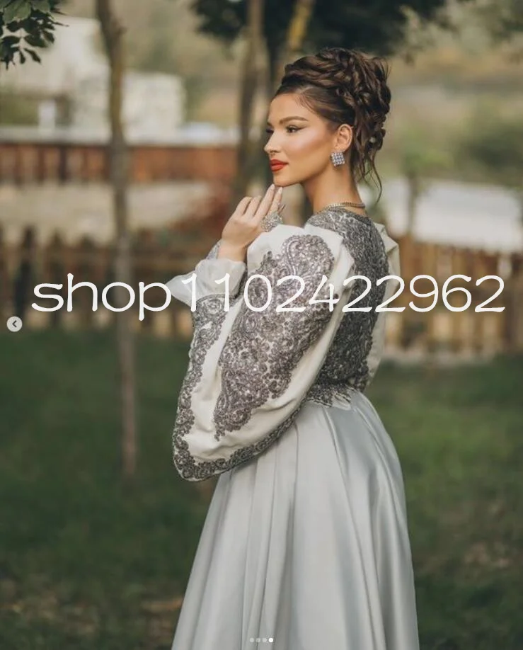 Silver Grey Algeria Caftan de soirée Evening Formal Dresses Luxury Kosovo Long Sleeve Kaftan Prom Gown Outfit Customsized