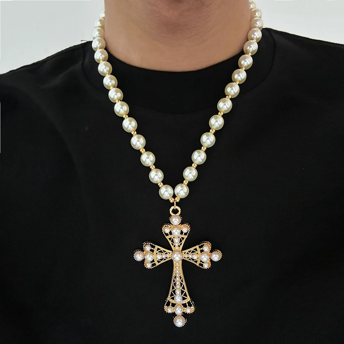 Ingemark Punk Big Cross Jesus Pendant Choker Necklace for Women Men Goth Imitation Pearl Chain Halloween Male Jewelry Gift New