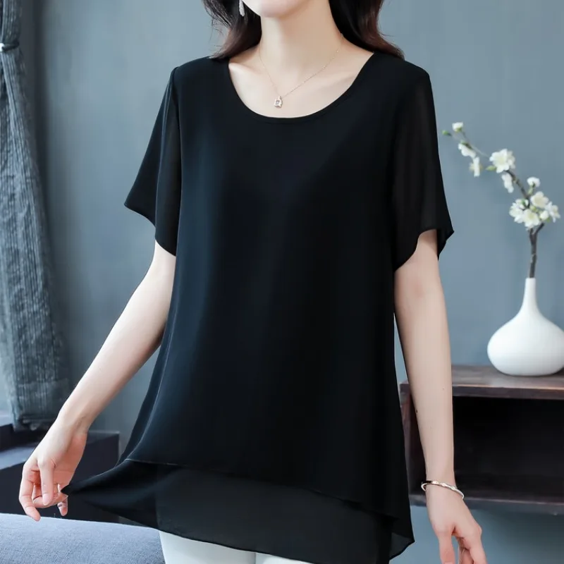 Chiffon Women\'s 2024 Pullover Round Neck Summer Mid Length Gauze Elegant Office Lady Solid Color Loose Slim Short Sleeve Tops