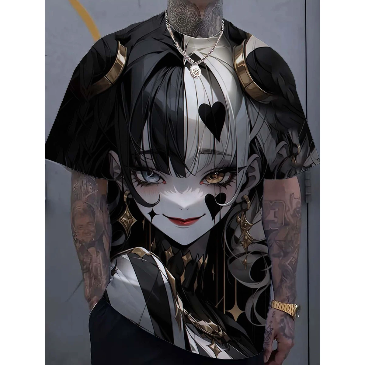 Men's Harajuku style T-shirt 3D cartoon tattoo girl print short sleeved casual trendy street men's top