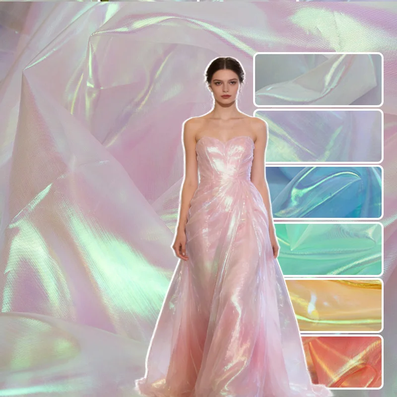 Shiny Iridescent Organza Fabric Creative DIY Designer Fabric for Wedding Evening Dress Tablecloth Decorative Backdrop Cloth