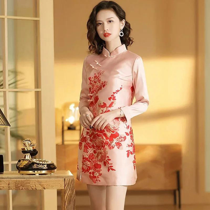 

Red Cheongsam Vintage Mandarin Collar Qipao Women Elegant A-Line Chinese Style Dresses Jacquard Vestidos Lady Sexy Qipaos