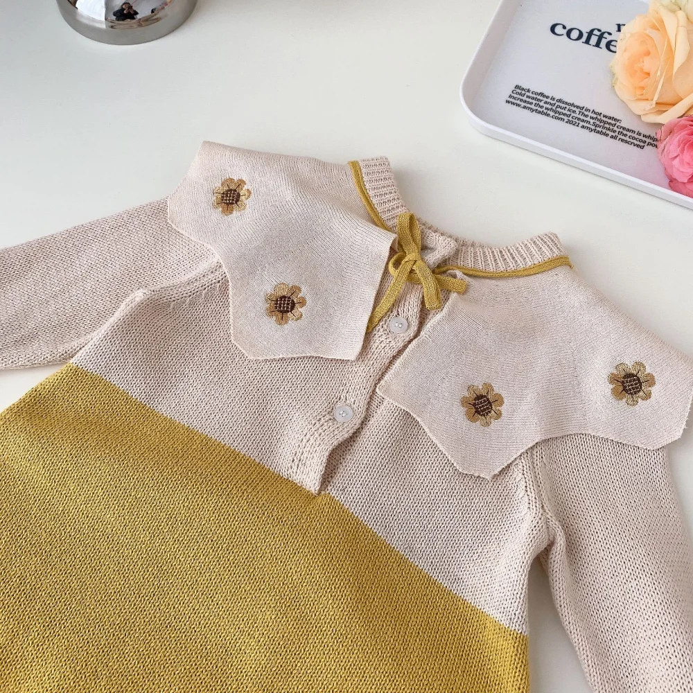 Autumn Newborn Baby Girls Full Sleeve Knitted Ruffles Embroidery Flower 1 piece Bodysuit Infant Kids Clothes for Toddlers 0-24M