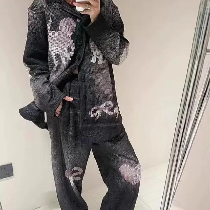 OPEN YY Casual Pants 2025 Fashion Cat Cat Dog Bowknot Pattern Button Lapel Set Loose Casual Cardigan Jacket