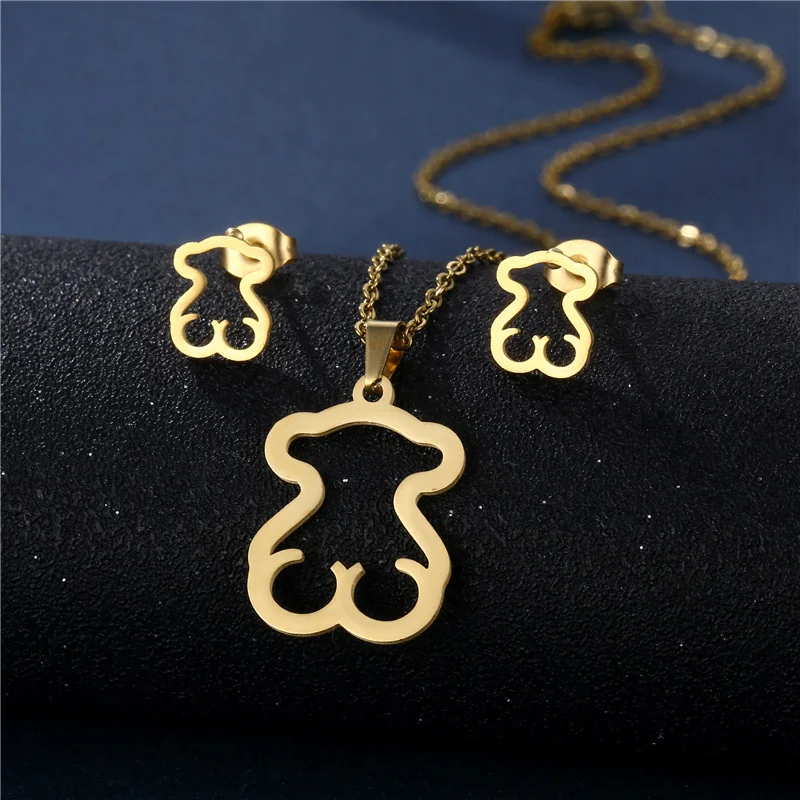 Fashion Geometric Heart Princess Four-Leaf Clover Cute Heart Animal Dog Claw Hollow Palm Letter Necklace Earring Set