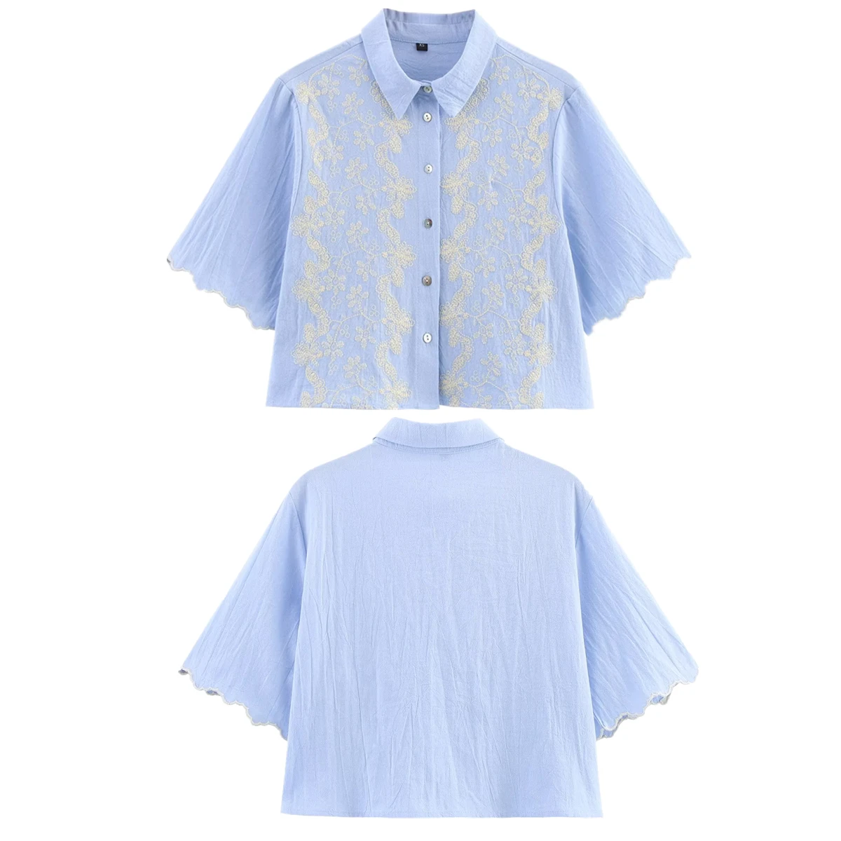 

Maxdutti Minimalist Lace Embroidery Light Blue Shirt French Elegant Casual Summer Blouse Short Top Short-sleeved Shirt Women
