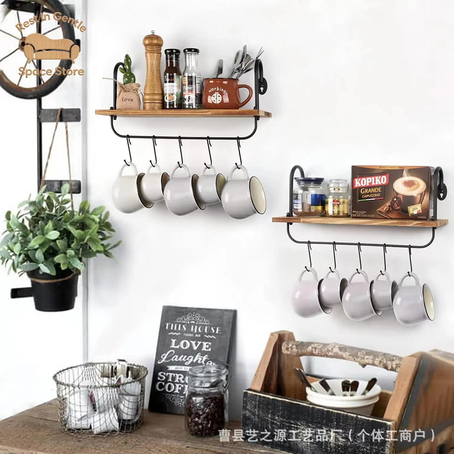 Wrought iron wall-mounted wall rack Water cup Kitchen utensils display rack Hook hanging rod Multifunctional rack
