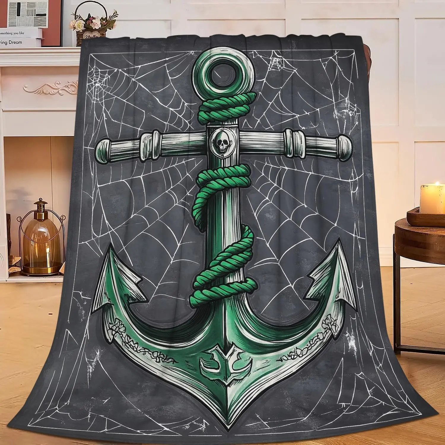 Cool Punk Anchor Skull Cobweb Dark Tone Art Flannel Blanket Soft Warm Throw for Couch Leisure Gothic Nautical Home Decor
