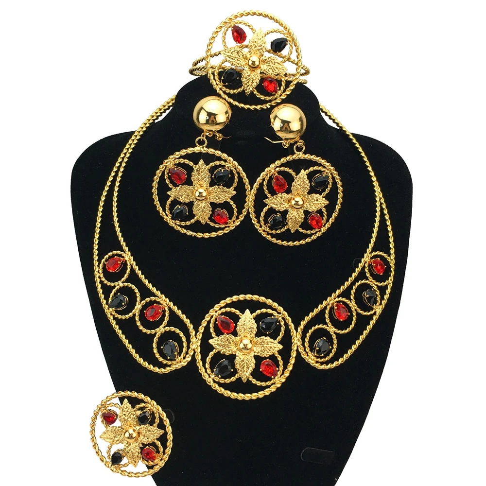 Nigerian Wedding Indian Bridal 4PCS Jewelry Set African Gold Plated Jewelry Sets Dubai Necklace Earrings For Women FHK16858