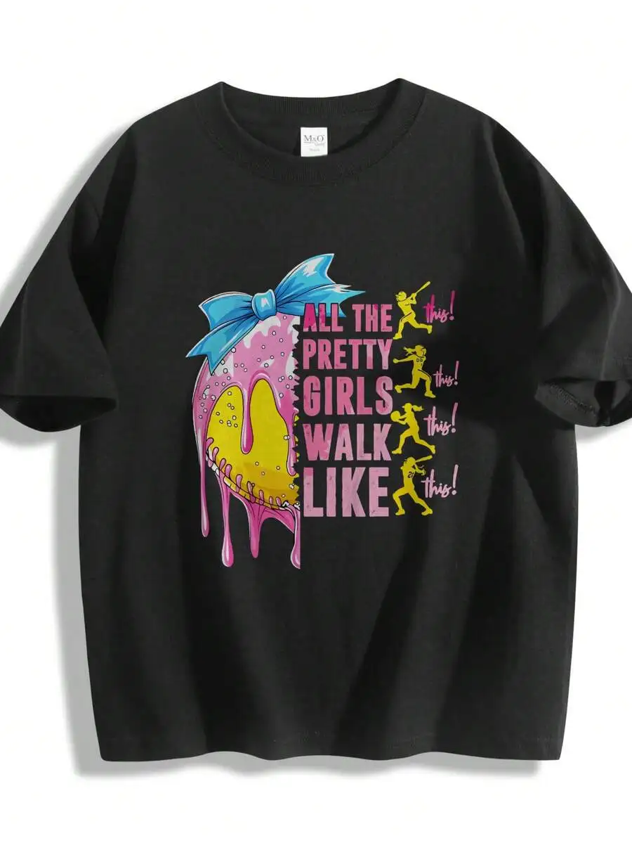 Girls Softball Season T-Shirt All The Pretty Girls Walk Like This Graphic With Pink Donut And Yellow Figures 100% Cotton Short S