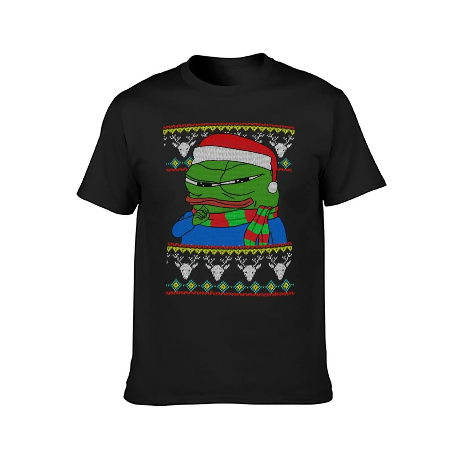 Smug Apu Apustaja Christmas Card Rare Pepe the frog PepeTheFrog knitted deer patterns, with Santa Claus Hat and winter s T-Shirt