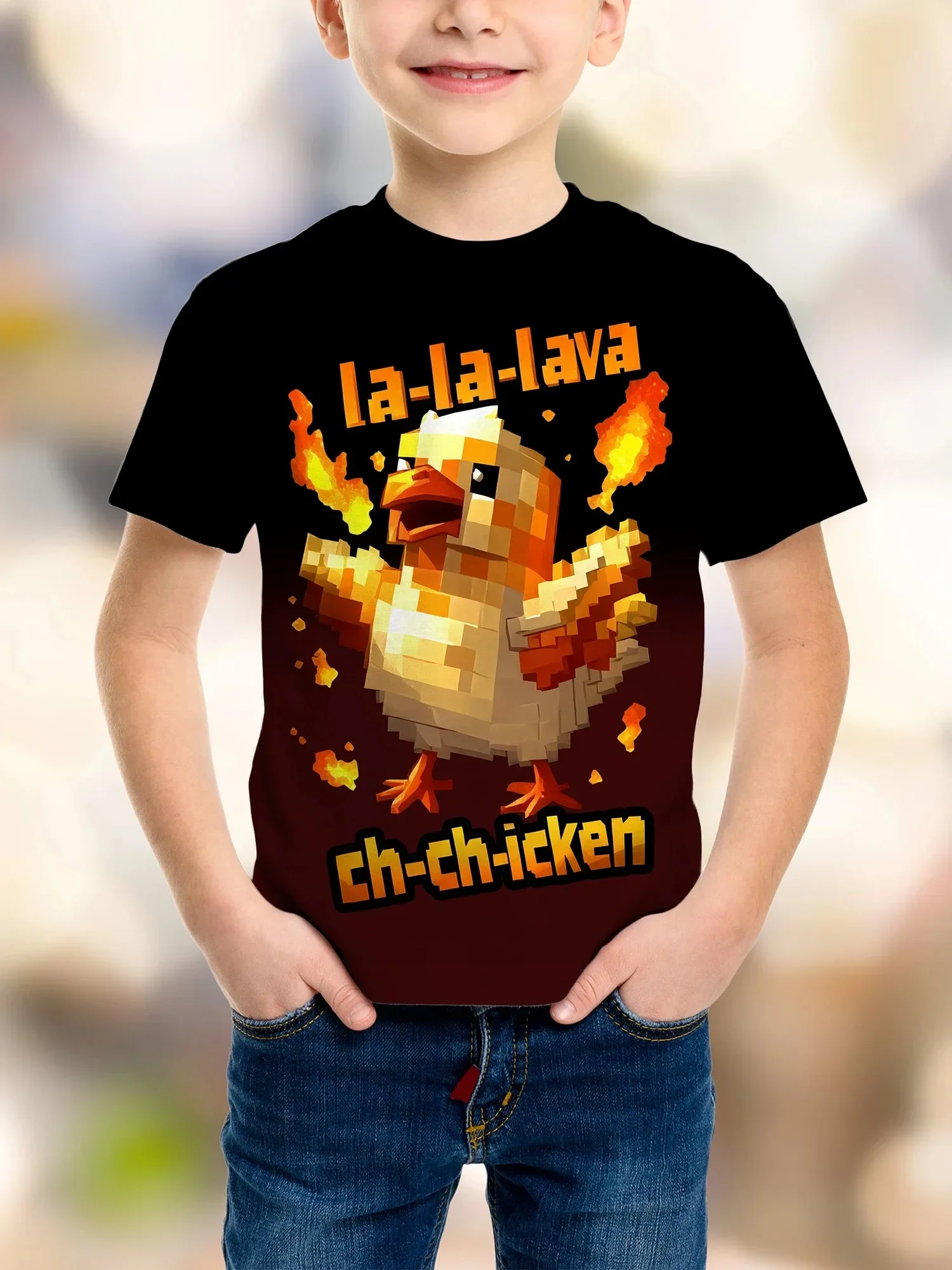Summer La-La-La Lava Chicken Jockey Funny T Shirt High Quality Fashion Tee Boy Casual Short Sleeve Kids Tops Summer Daily Wear