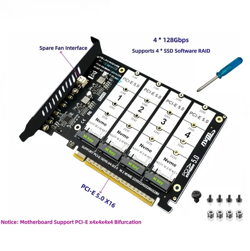 z-pcie-x16-gen5-4ポート-m-2280-key-m-nvme-ssdアダプター拡張カード-x4x4x4x4-バリフォクション対応