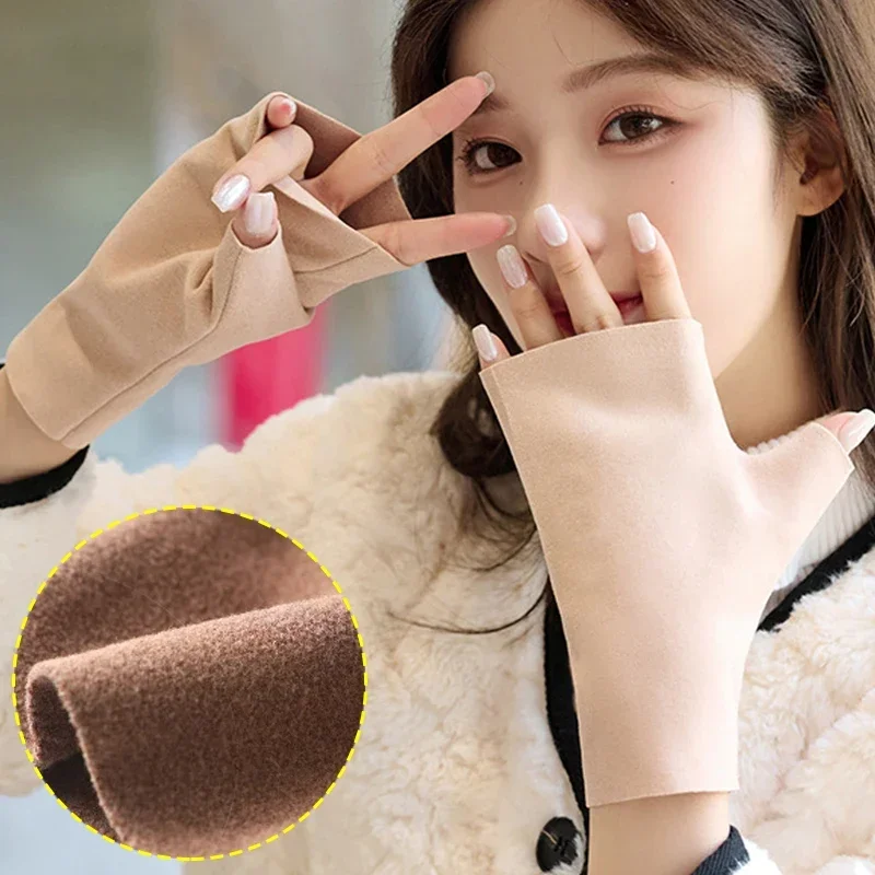 

Korean New Half-finger Gloves Female Autumn and Winter Wool Warmth Fingerless Students Screen Thick Knitted Wristband