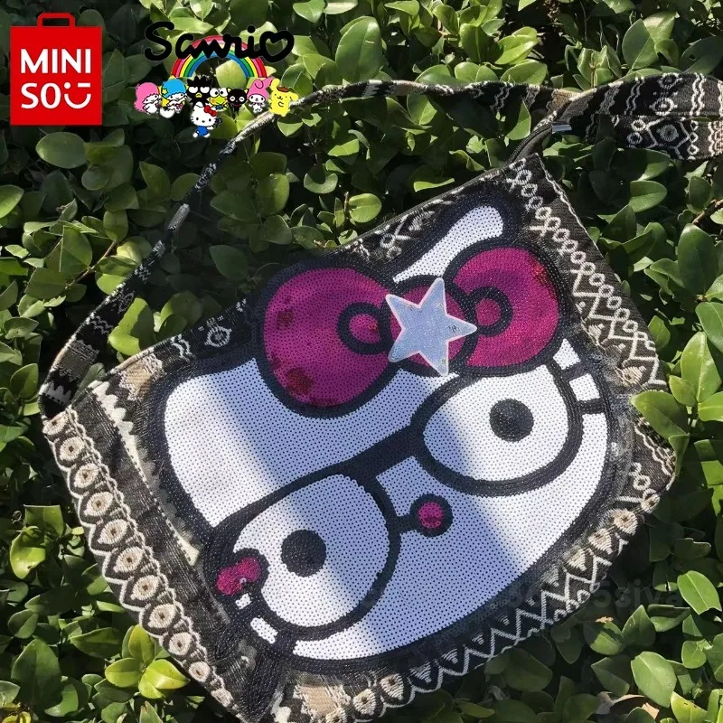 Hello Kitty New Women's Crossbody Bag Fashionable High Quality Sequin Shoulder Bag Cartoon Large Capacity Girl Storage Bag