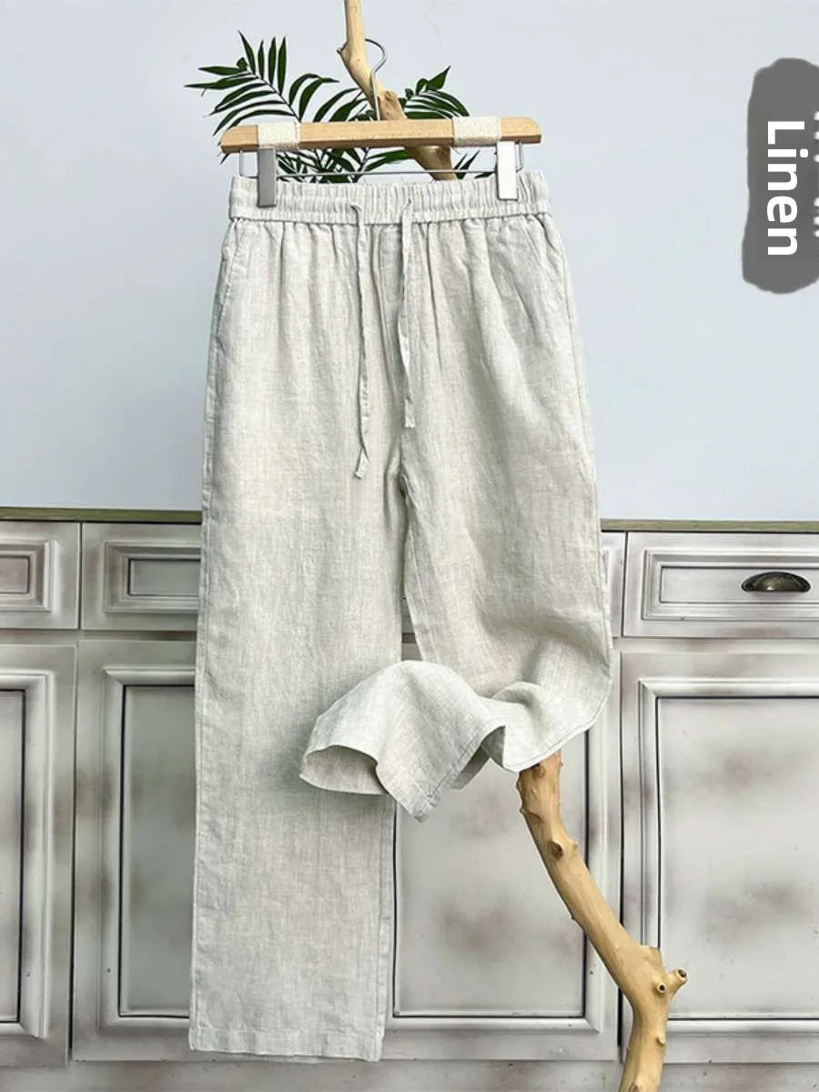

Pure Linen Men's Summer Thin Casual Pants Loose Straight Leg Drapey Wide Leg Trousers High Waist Long Pants No Stretch