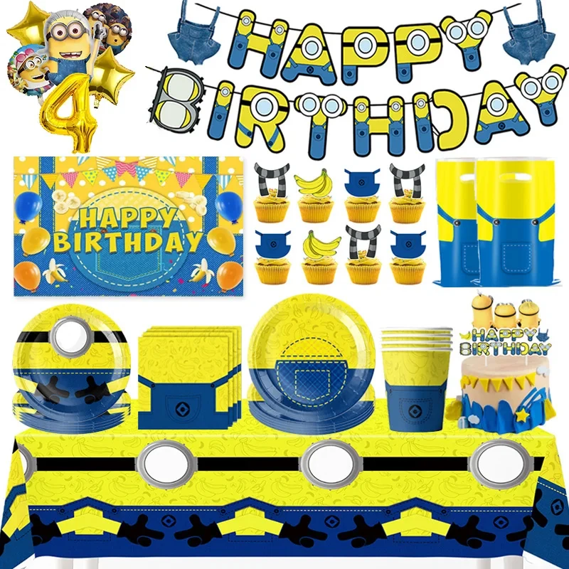 M&Miniones Geburtstagsballons, Partydekoration, gelbe Bananen-Teller, Becheraufsätze, Servietten, Tischdecke, Partyzubehör für Kinder, Babyparty