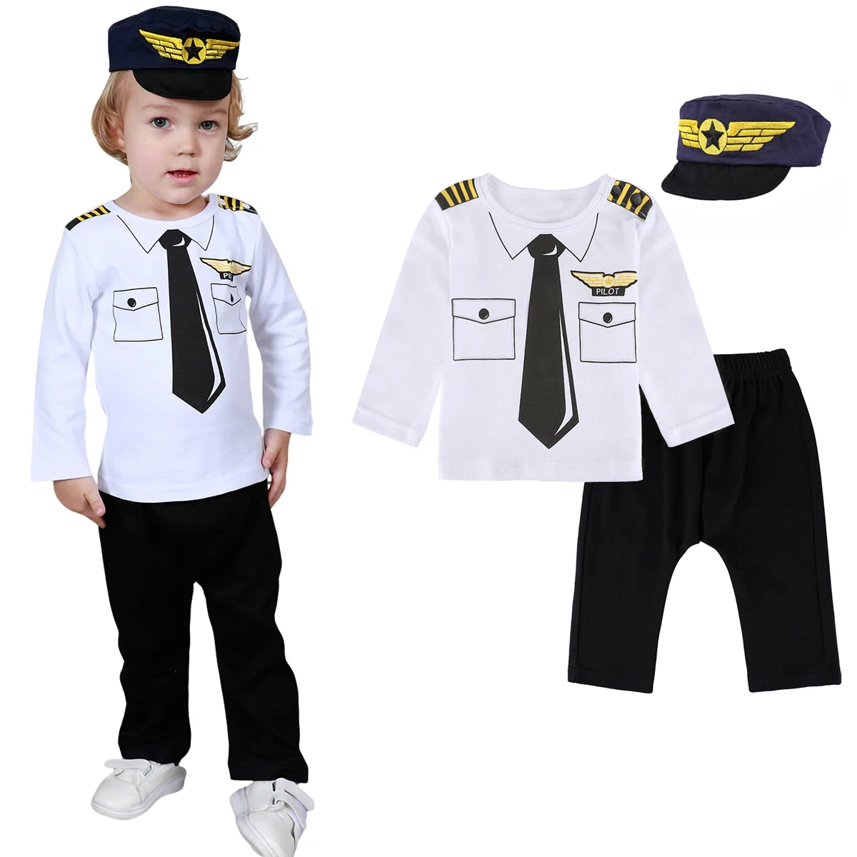 Disfraz de piloto para bebé, uniforme de piloto de Halloween, conjuntos de ropa, sesión de fotos de Carnaval infantil, Top + Pantalones + traje de sombrero con tema de cumpleaños