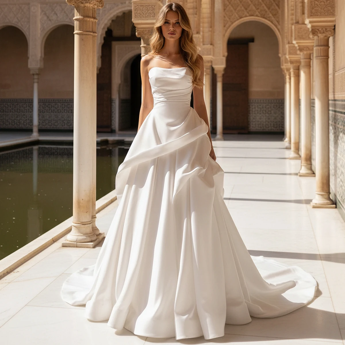 

Luxury Puffy Satin Wedding Dress With Train A Line Long Ball Gown For Bride Strapless Bridal Party Gown Vestidos Novia