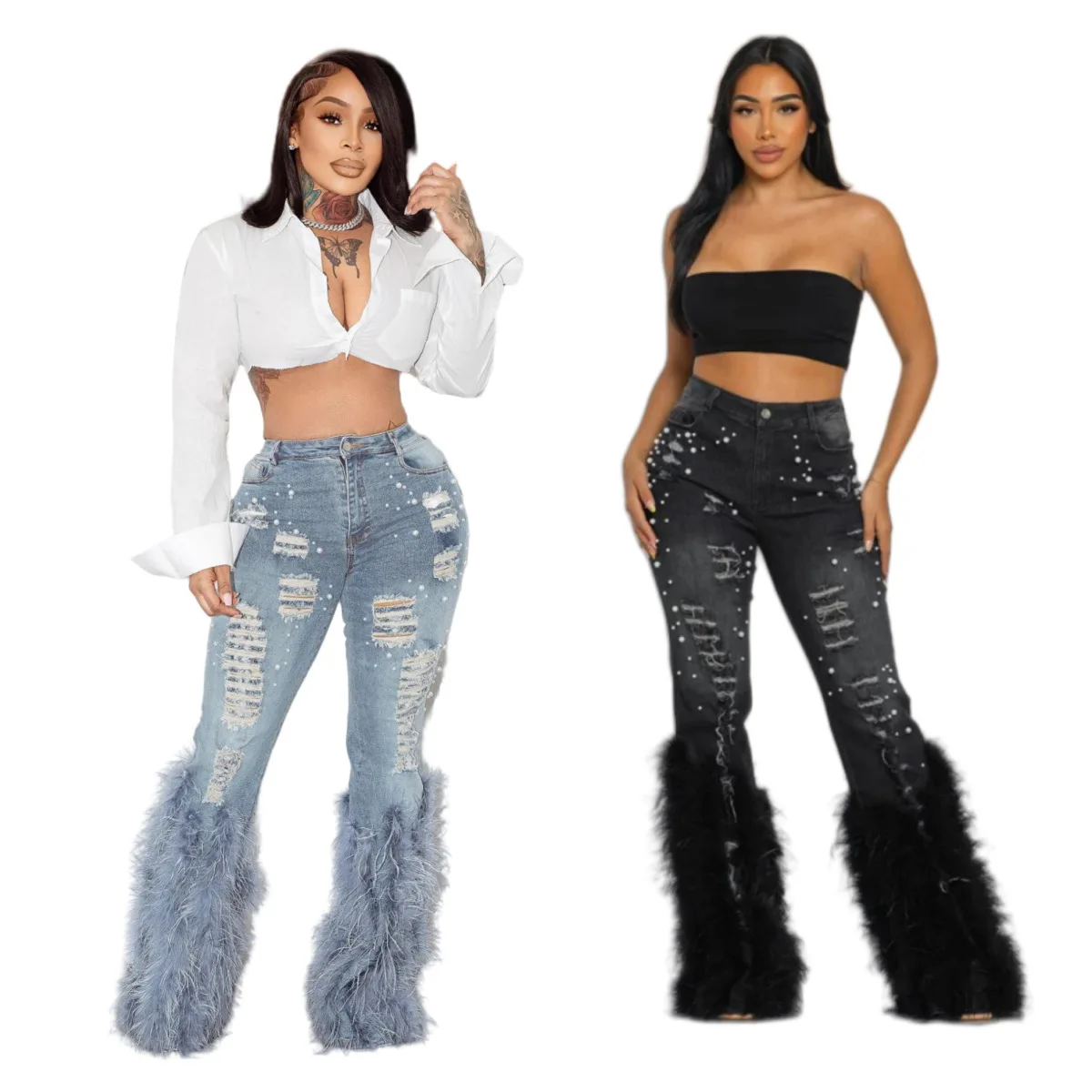 

Denim Pants Women Washed Jeans High Waist Full Length Distressed Spliced Feathers Pockets Patchwork Solid Loose Streetwear